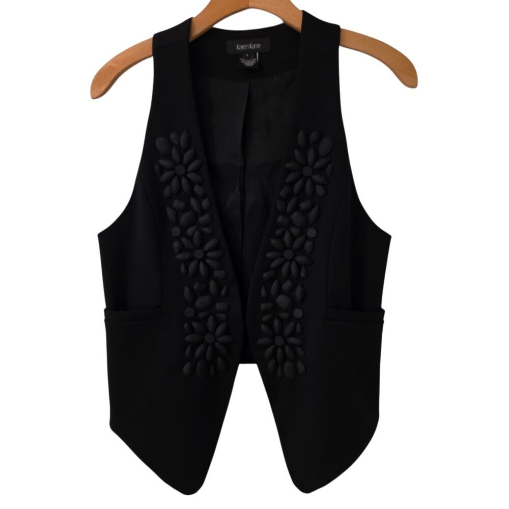 Karen Kane Vest Size S Sleeveless Black Embellished Appliques Classic